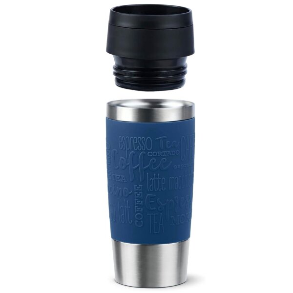 emsa Isolierbecher 360ml mit Gravur (zB Namen) TRAVEL MUG Manschette blau personalisierter Kaffeebecher Teebecher