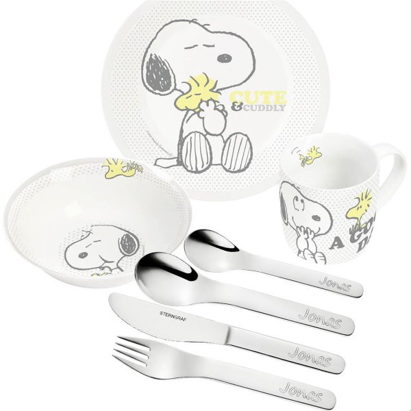 Sterngraf Kinderset Snoopy 7tlg mit Gravur (zB Namen) personalisiertes Kinderbesteck + Kindergeschirr (Teller Schale Tasse)