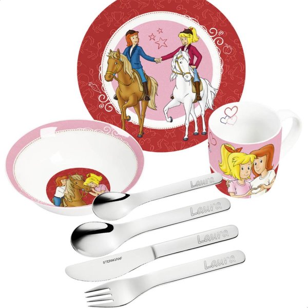 Sterngraf Kinderset Bibi & Tina 7tlg mit Gravur (zB Namen) personalisiertes Kinderbesteck + Kindergeschirr (Teller Schale Tasse)