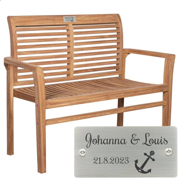 Hochzeitsbank mit Gravur zB Anker, Gartenbank Lamelle 120cm Edelstahlschild personalisiert