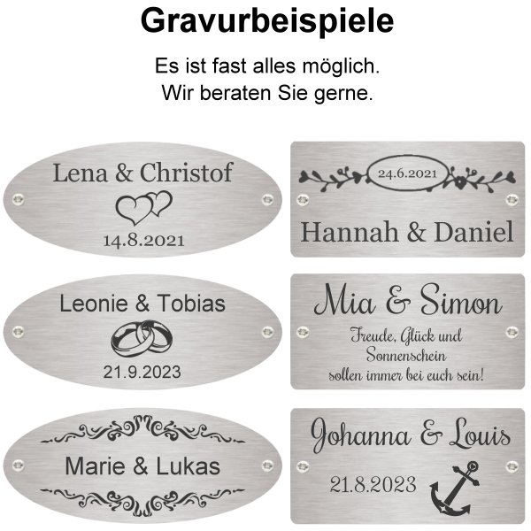 Hochzeitsbank mit Gravur zB Anker, Gartenbank Lamelle 120cm Edelstahlschild personalisiert