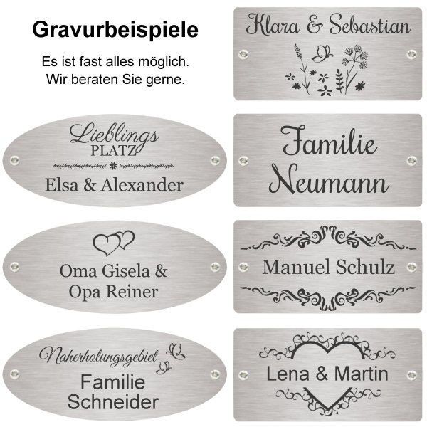 Bank mit Gravur zB Lieblingsplatz, Gartenbank Lamelle 120cm Edelstahlschild personalisiert