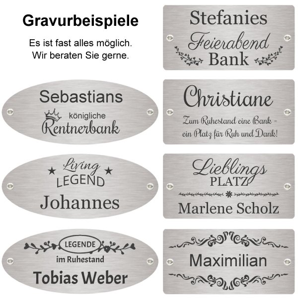 Rentnerbank mit Gravur zB Lieblingsplatz, Ruhestand Gartenbank Lamelle 120cm Edelstahlschild personalisiert
