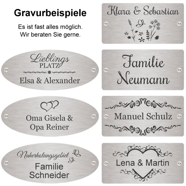 Bank mit Gravur zB Blumenwiese, Gartenbank Anker 150cm, Edelstahlschild personalisiert
