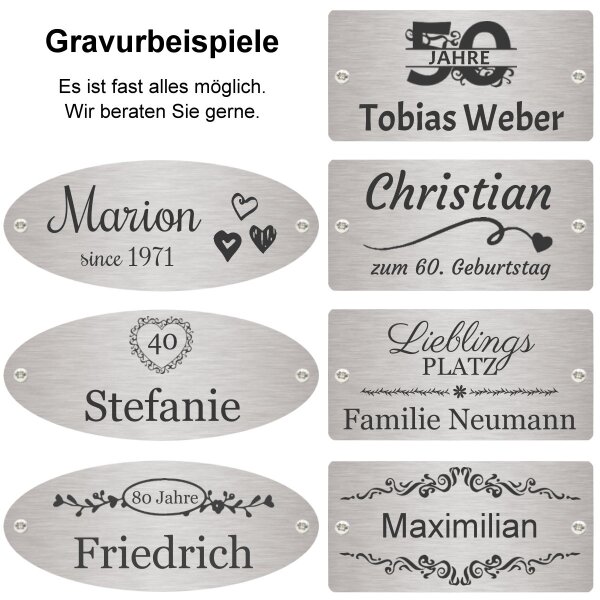 Bank zum Geburtstag mit Gravur zB Ranke Zahl, Gartenbank Anker 150cm, Geschenk mit Edelstahlschild personalisiert