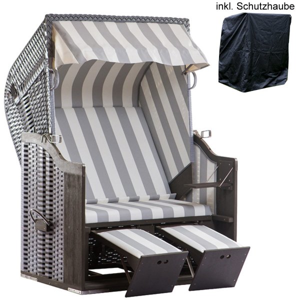 deVries Profi-Strandkorb Ostsee Poel PVC grey Des. 989 Mahagoni + Schutzhaube Premium