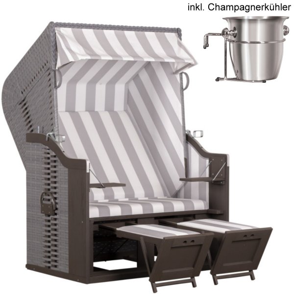 deVries Strandkorb Profi Ostsee Fehmarn PE grey Des. 989 + Champagnerkühler