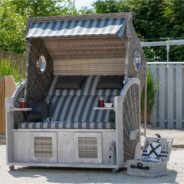 deVries Strandkorb mit Gravur zB Wunschtext (Namen/Spruch), personalisiertes Edelstahlschild, PURE® Cliff XXL SUN PE w.kubu Des. 481