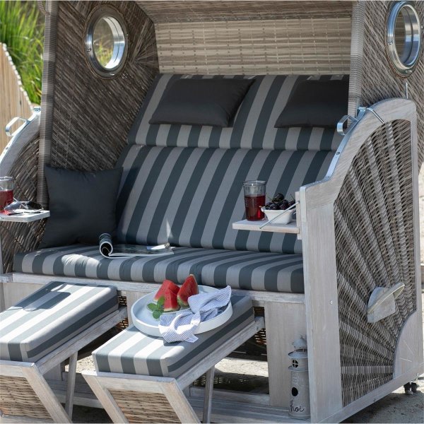 deVries Strandkorb mit Gravur zB Wunschtext (Namen/Spruch), personalisiertes Edelstahlschild, PURE® Cliff XXL SUN PE w.kubu Des. 481