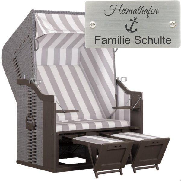 deVries Strandkorb mit Gravur zB Anker, personalisiertes Edelstahlschild, Profi Ostsee Fehmarn PE grey Des. 989