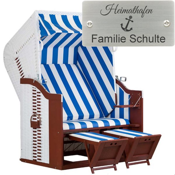 deVries Strandkorb mit Gravur zB Anker, personalisiertes Edelstahlschild, Profi Ostsee Fehmarn PE white Des. 991