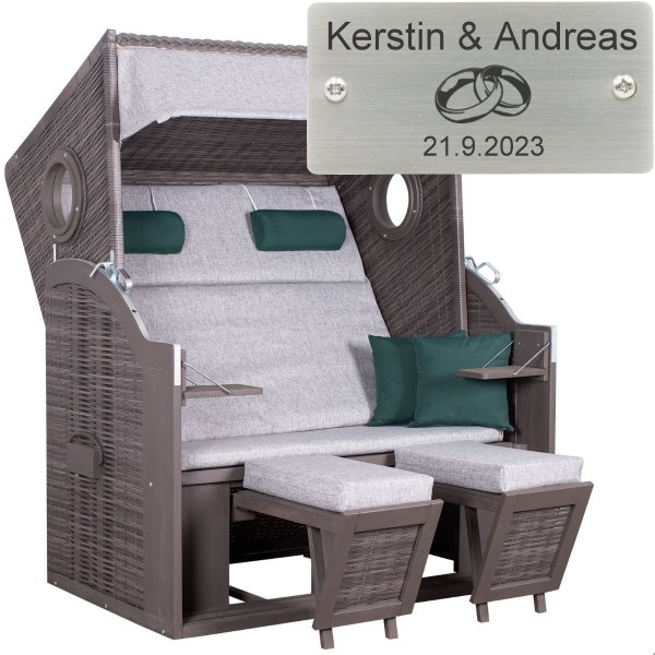 deVries Strandkorb mit Gravur zB Hochzeit Ringe, personalisiertes Edelstahlschild, PURE® Wave XL PE grey Des. 484