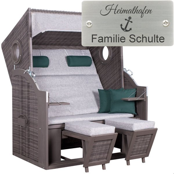 deVries Strandkorb mit Gravur zB Anker, personalisiertes Edelstahlschild, PURE® Wave XL PE grey Des. 484