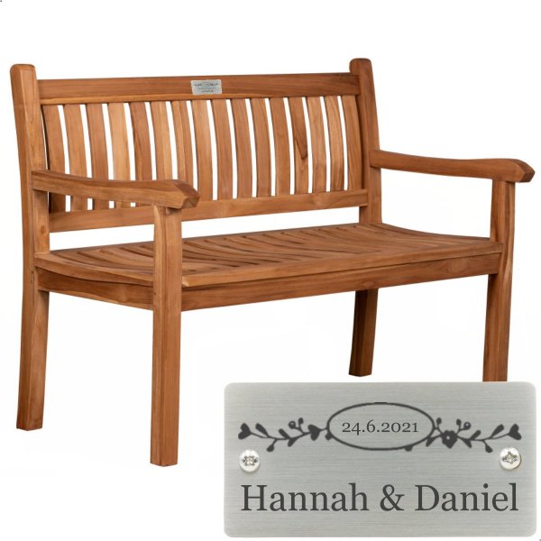 Hochzeitsbank mit Gravur zB Ranken, Bank Florence 130cm, Edelstahlschild personalisiert