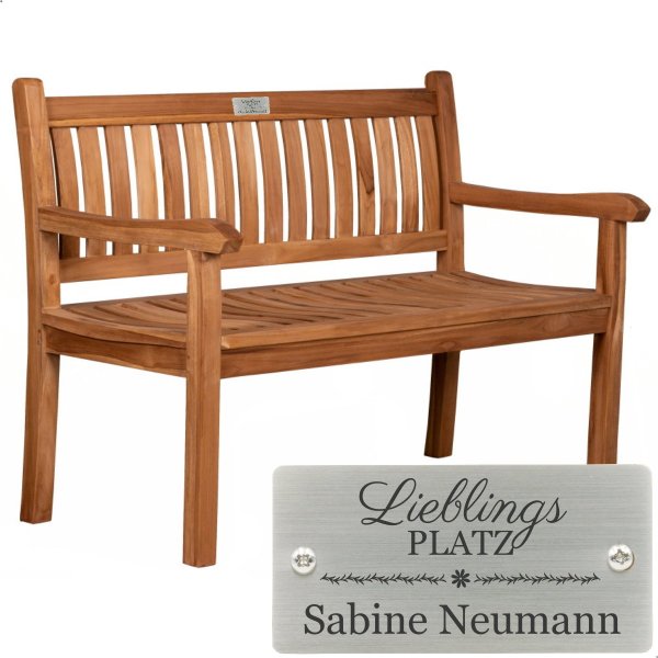 Rentnerbank mit Gravur zB Lieblingsplatz, Bank Florence 130cm, Edelstahlschild personalisiert