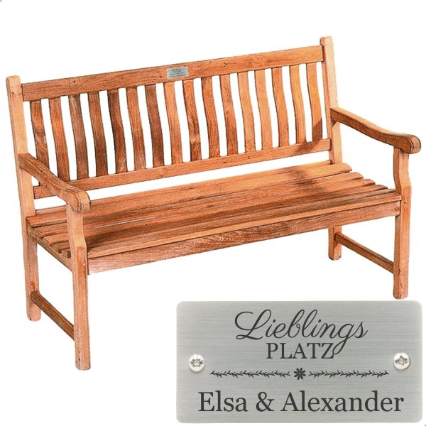 Bank mit Gravur zB Lieblingsplatz, Gartenbank Mendip 180cm, Edelstahlschild personalisiert