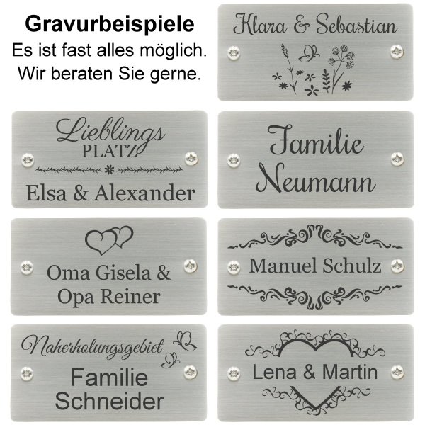 Bank mit Gravur zB Wunschtext (Namen), Gartenbank Mendip 180cm, Edelstahlschild personalisiert