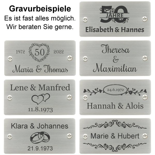 Goldene Hochzeit Bank mit Gravur zB Herz mit Zahl, Gartenbank Mendip 180cm, Edelstahlschild personalisiert