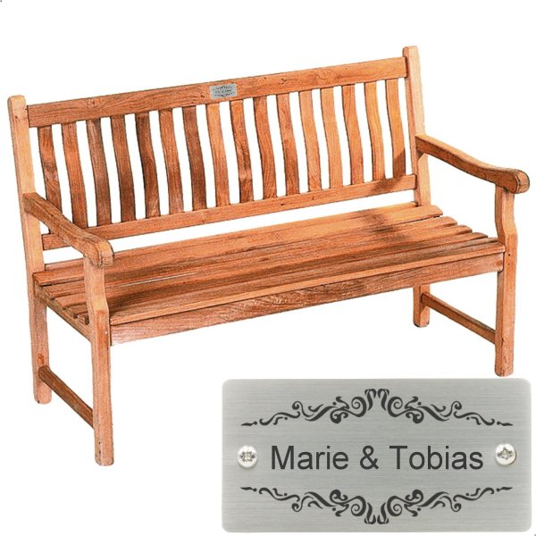 Silberhochzeit Bank mit Gravur zB Ranke Ornament, Gartenbank Mendip 180cm, Edelstahlschild personalisiert