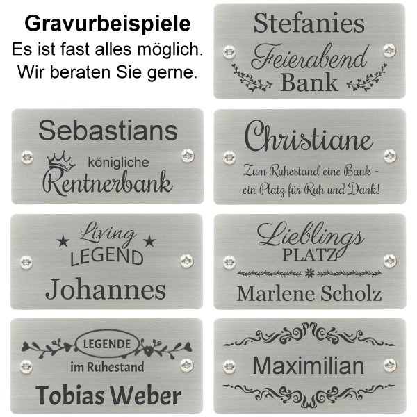 Rentnerbank mit Gravur zB Wunschtext, Bank Mendip 180cm, Edelstahlschild personalisiert