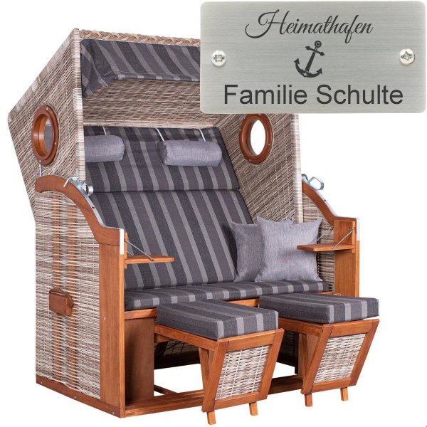 deVries Strandkorb mit Gravur zB Anker, personalisiertes Edelstahlschild, PURE® Wave XL PE seashell Des. 402