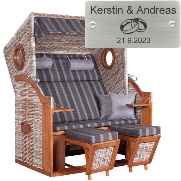 deVries Strandkorb mit Gravur zB Ringe, personalisiertes Edelstahlschild, PURE® Wave XL PE seashell Des. 402
