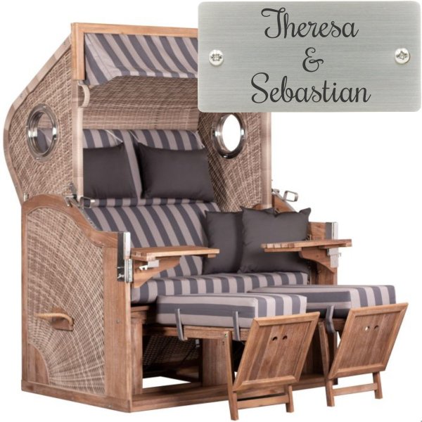 deVries Strandkorb mit Gravur zB Wunschtext (Namen), personalisiertes Edelstahlschild, TRENDY PURE Greenline 175XL PE ant. wh. Des. 755