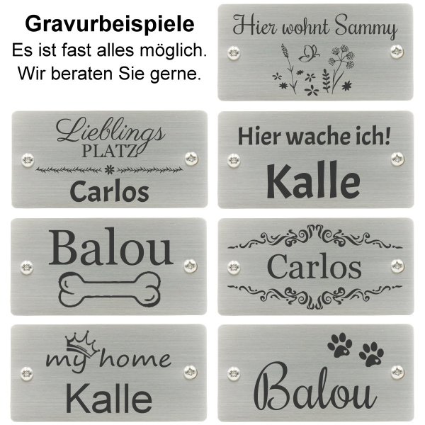 deVries Hundestrandkorb mit Gravur zB Pfoten, personalisiertes Edelstahlschild, Hundekorb schwarz-grau