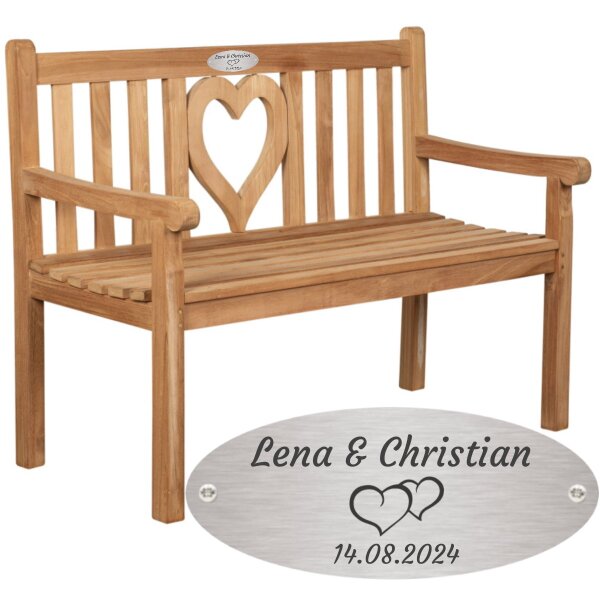 Hochzeitsbank mit Gravur zB. Herzen (Namen, Datum), Gartenbank Herz 120cm, Teakholz Bank Edelstahlschild personalisiert