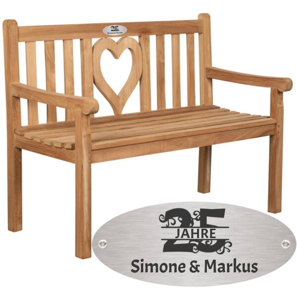 Bank zur silbernen Hochzeit mit Gravur zB. Zahl (Namen), Gartenbank Herz 120cm Teakholz, Edelstahlschild personalisiert