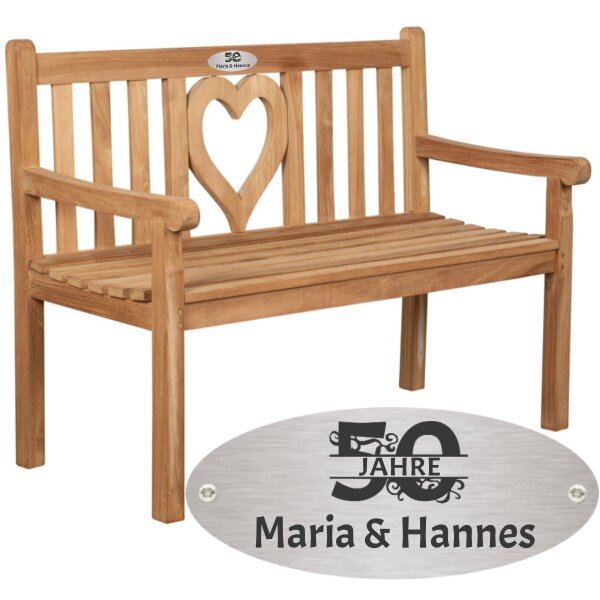 Bank zur goldenen Hochzeit mit Gravur zB. Zahl (Namen), Gartenbank Herz 120cm Teakholz, Edelstahlschild personalisiert