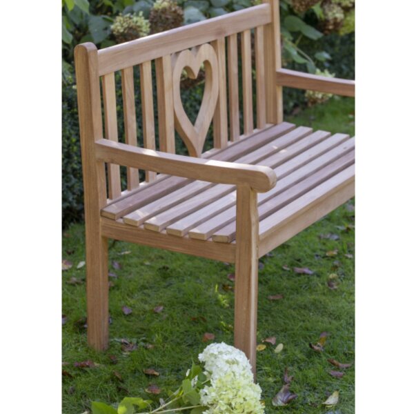 Bank zur goldenen Hochzeit mit Gravur zB. Zahl (Namen), Gartenbank Herz 120cm Teakholz, Edelstahlschild personalisiert