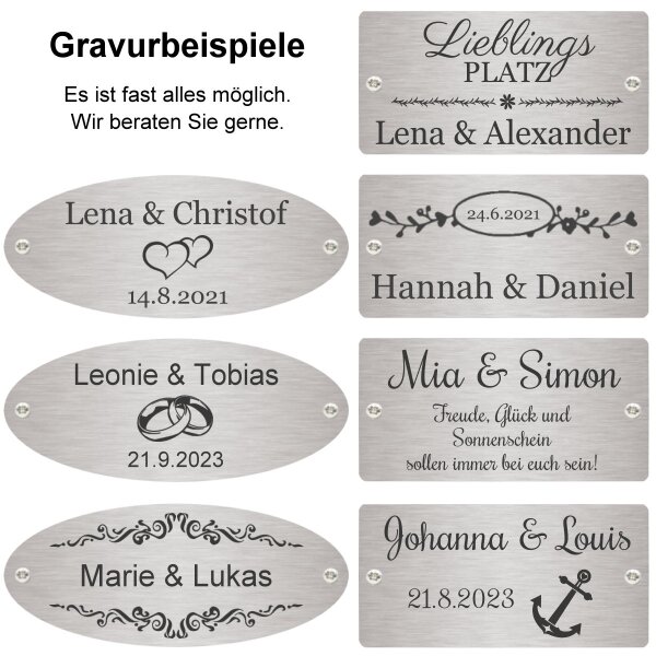 Hochzeitsbank mit Gravur zB. Herzen (Namen/Datum), Gartenbank Kleeblatt 120cm, Teakholz Bank Edelstahl-Schild personalisiert