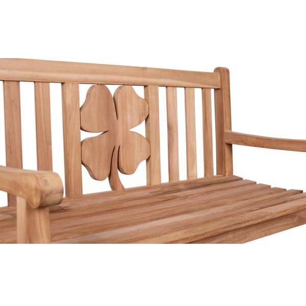 Hochzeitsbank mit Gravur zB. Herzen (Namen/Datum), Gartenbank Kleeblatt 120cm, Teakholz Bank Edelstahl-Schild personalisiert
