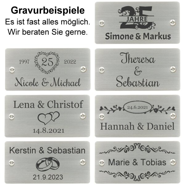 Bank zur Silberhochzeit mit Gravur zB. Wunschtext (Namen), Gartenbank Kleeblatt 120cm Teakholz, Edelstahlschild personalisiert