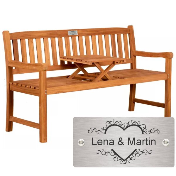 Bank mit Gravur zB. Herz Ranken (Namen), Klapptisch-Gartenbank Trend Butler 160cm Teakholz, Edelstahlschild personalisiert