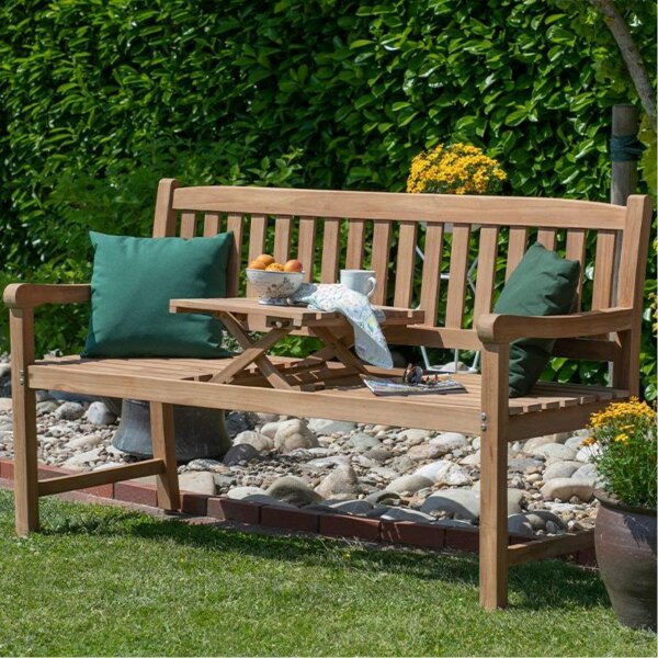 Bank mit Gravur zB. Herz Ranken (Namen), Klapptisch-Gartenbank Trend Butler 160cm Teakholz, Edelstahlschild personalisiert