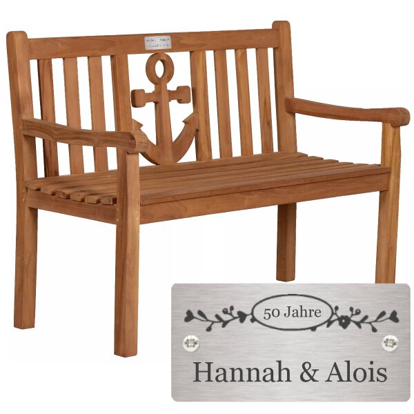 Bank zur Goldhochzeit mit Gravur-Schild zB. Ranken (Namen, Zahl), Gartenbank Anker 120cm Teakholz, Geschenk 50. Hochzeitstag Edelstahlschild personalisiert