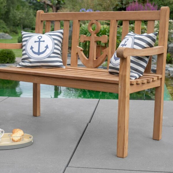 Bank zur Goldhochzeit mit Gravur-Schild zB. Ranken (Namen, Zahl), Gartenbank Anker 120cm Teakholz, Geschenk 50. Hochzeitstag Edelstahlschild personalisiert