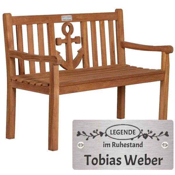 Rentnerbank mit Gravur-Schild zB. Legende im Ruhestand (Namen), Gartenbank Anker 120cm Teakholz Bank, Edelstahlschild personalisiert