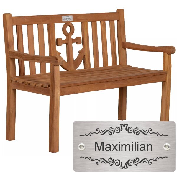 Bank zum Ruhestand mit Gravur-Schild zB. Ranke Ornament (Namen), Gartenbank Anker 120cm Teakholz Bank, Rentner Geschenkidee Edelstahlschild personalisiert