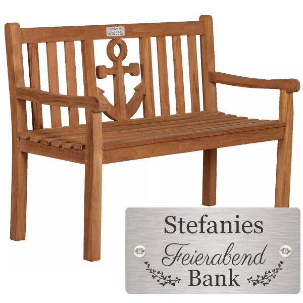 Bank für Rentner mit Gravur-Schild zB. Feierabend-Bank (Namen), Gartenbank Anker 120cm Teakholz Bank, Geschenkidee Ruhestand Edelstahlschild personalisiert