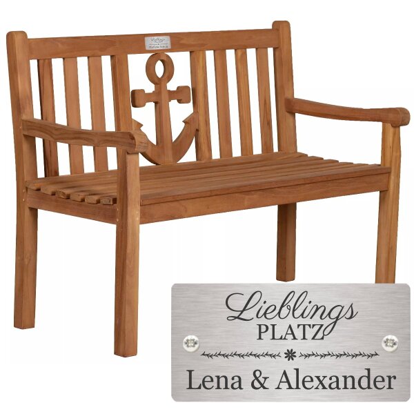 Hochzeitsbank mit Gravur zB. Schild Lieblingsplatz (Namen), Gartenbank Anker 120cm Teakholz Bank, Geschenk zur Hochzeit Edelstahlschild personalisiert
