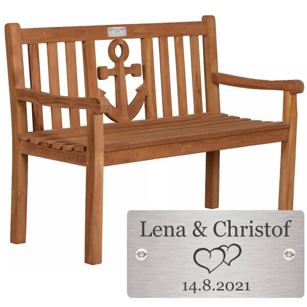 Silberhochzeitsbank mit Gravur-Schild zB. Herzen (Namen/Datum), Gartenbank Anker 120cm Teakholz, Geschenk 25. Hochzeitstag Edelstahlschild personalisiert