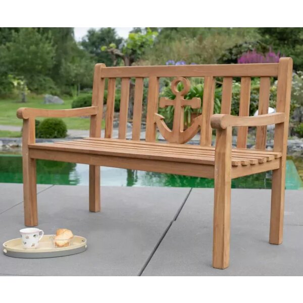 Silberhochzeitsbank mit Gravur-Schild zB. Herzen (Namen/Datum), Gartenbank Anker 120cm Teakholz, Geschenk 25. Hochzeitstag Edelstahlschild personalisiert