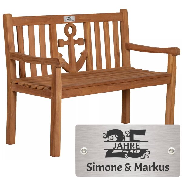 Silberhochzeit Bank mit Gravur-Schild zB. Zahl (Namen), Gartenbank Anker 120cm Teakholz, Geschenk 25. Hochzeitstag Edelstahlschild personalisiert