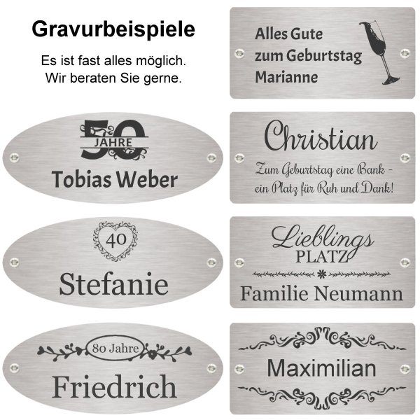 Bank zum Geburtstag mit Gravur-Schild zB. Herz mit Wunsch-Zahl (Namen), Teakholz Gartenbank Woodie 120cm, Edelstahlschild personalisiert, Geschenk Jubiläum