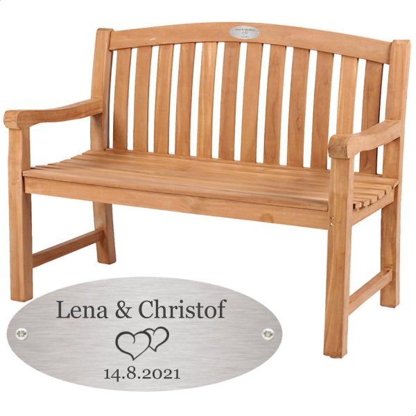 Bank zur Silberhochzeit mit Gravur-Schild zB. Herzen (Namen/Datum), Teakholz Gartenbank Woodie 120cm, Edelstahlschild personalisiert, Geschenkidee 25. Hochzeitstag