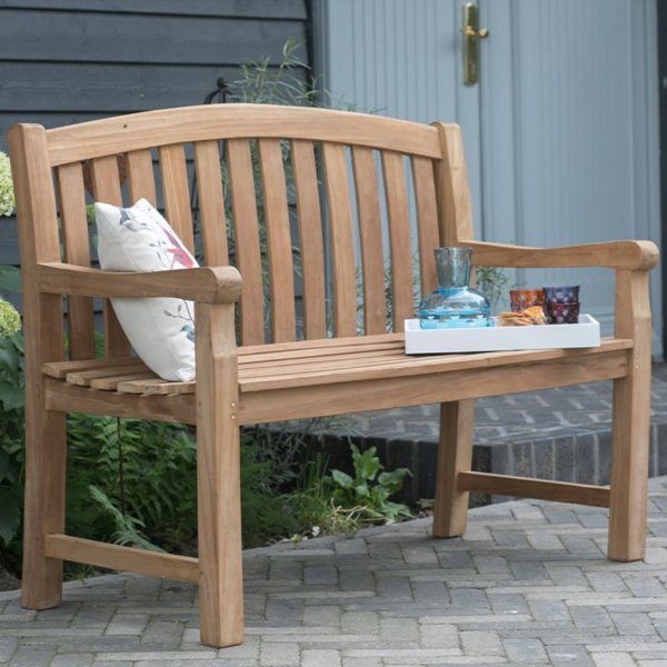 Hochzeitsbank mit Gravur-Schild oval zB. Herzen (Namen/Datum), Teakholz Gartenbank Woodie 120cm, Edelstahlschild personalisiert, Paar-Geschenk zur Hochzeit