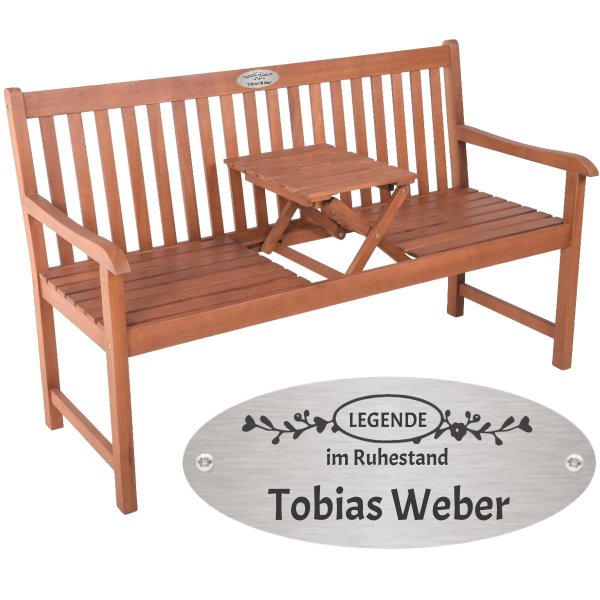 Rentnerbank mit Gravur zB. Legende im Ruhestand (Name), Klapptisch Gartenbank Padang 142cm, Edelstahlschild personalisiert, Geschenkidee Bank für Rentner